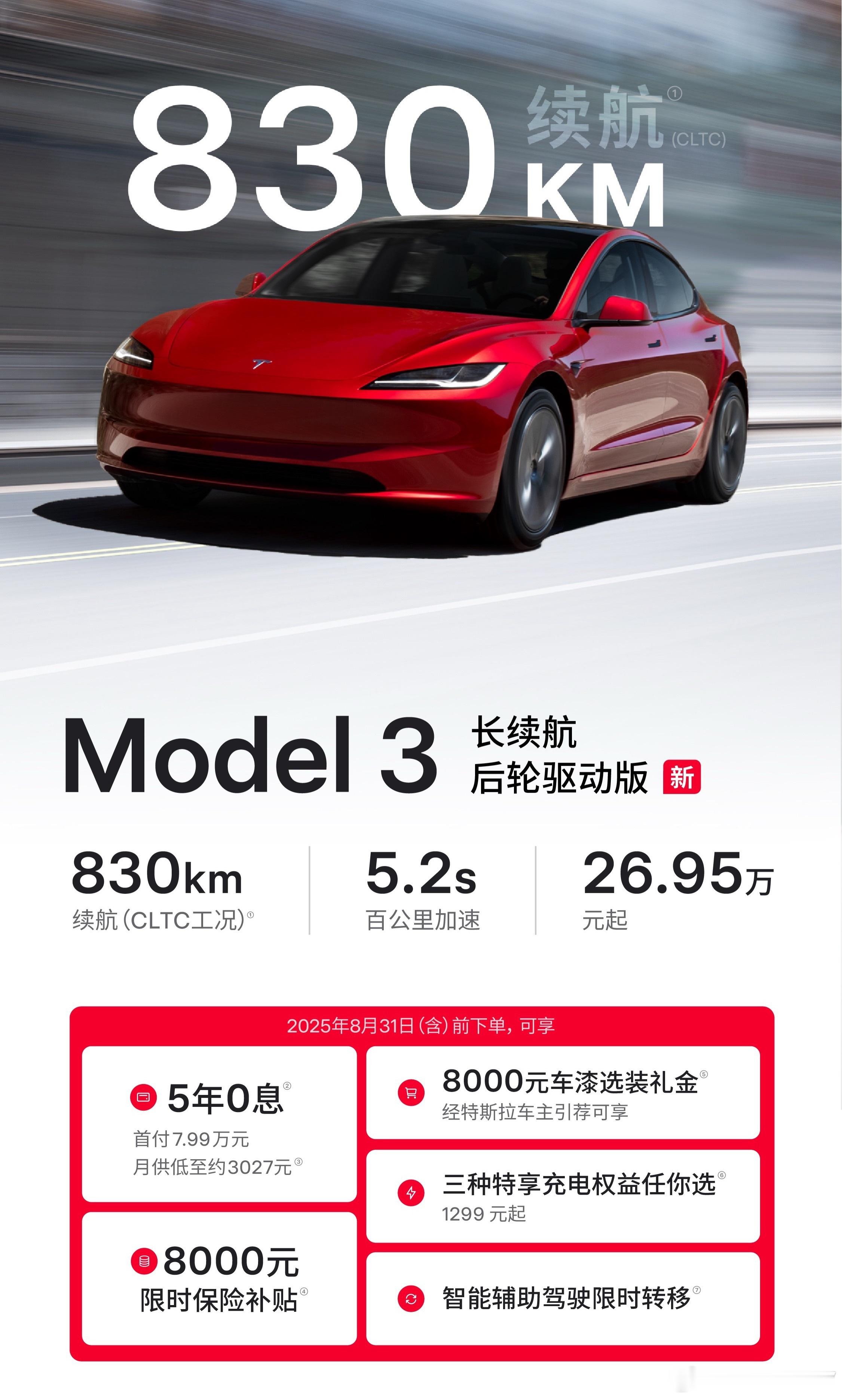 CLTC续航830公里、零百公里加速5.2秒，特斯拉上架Model 3长续航后轮