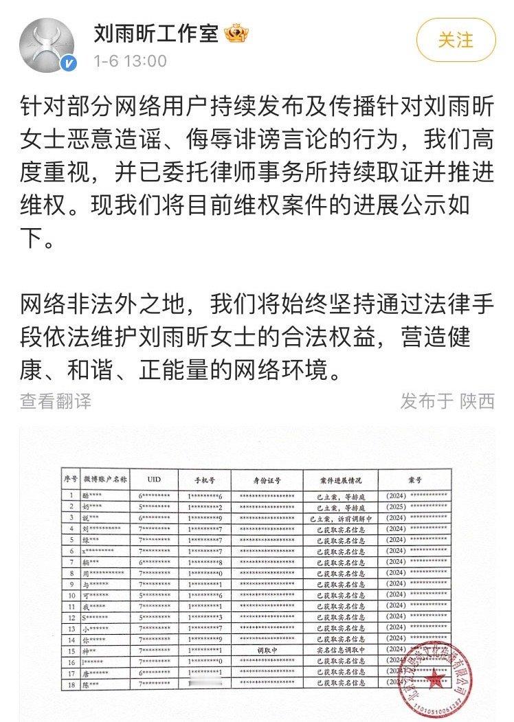 刘雨昕工作室发布告黑声明，支持维权 