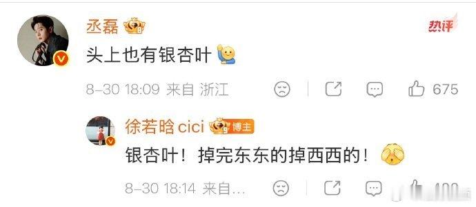 徐若晗回复丞磊掉完东东的掉西西的 名场面接力来啦！徐若晗玩梗回复丞磊，银杏叶掉完