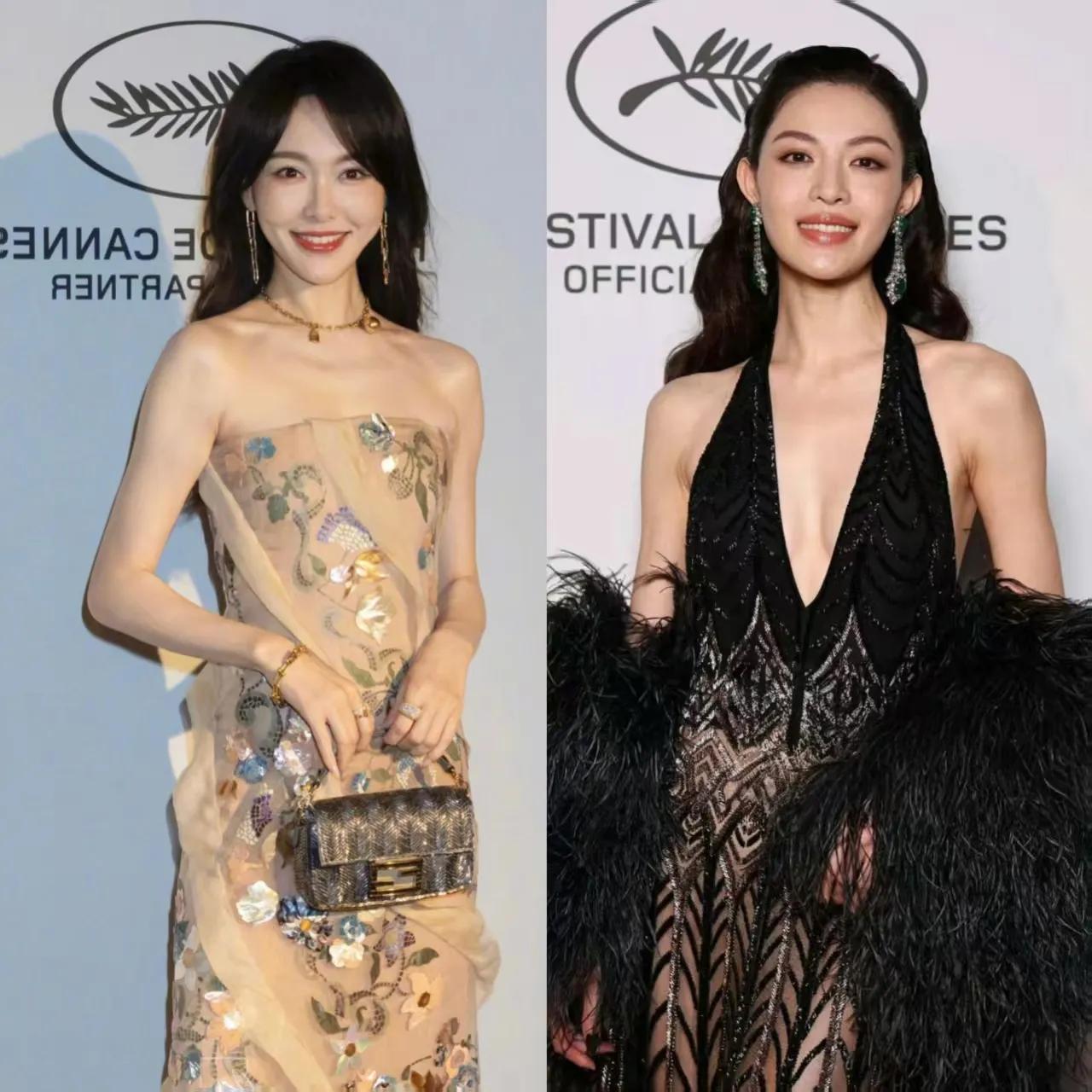 钟楚曦、唐嫣同框出席戛纳电影节晚宴，都是高个子大美女，同样身穿奢牌高定礼裙，谁的