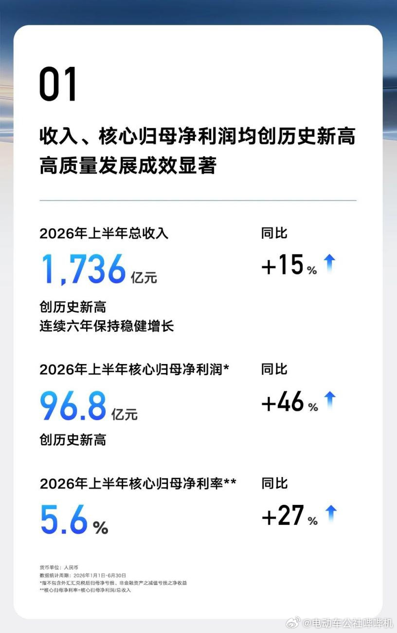 吉利汽车集团上半年上半年总收入1736亿元，净利润96.8亿元，净利率5.6%，