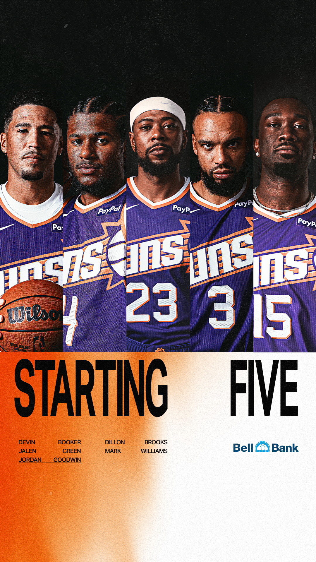 【今日首发阵容☀️】🧡布克｜💜JG｜🧡古德温｜💜狄龙｜🧡马威｜太阳vs