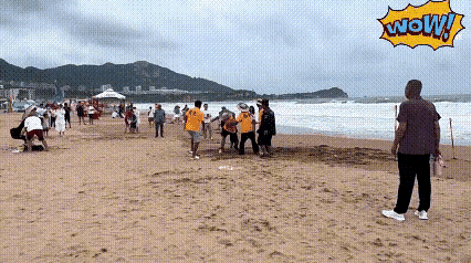 这我就放心了，原来是大水冲了龙王庙。
这段视频在网上疯传，博主称青岛石老人海水浴