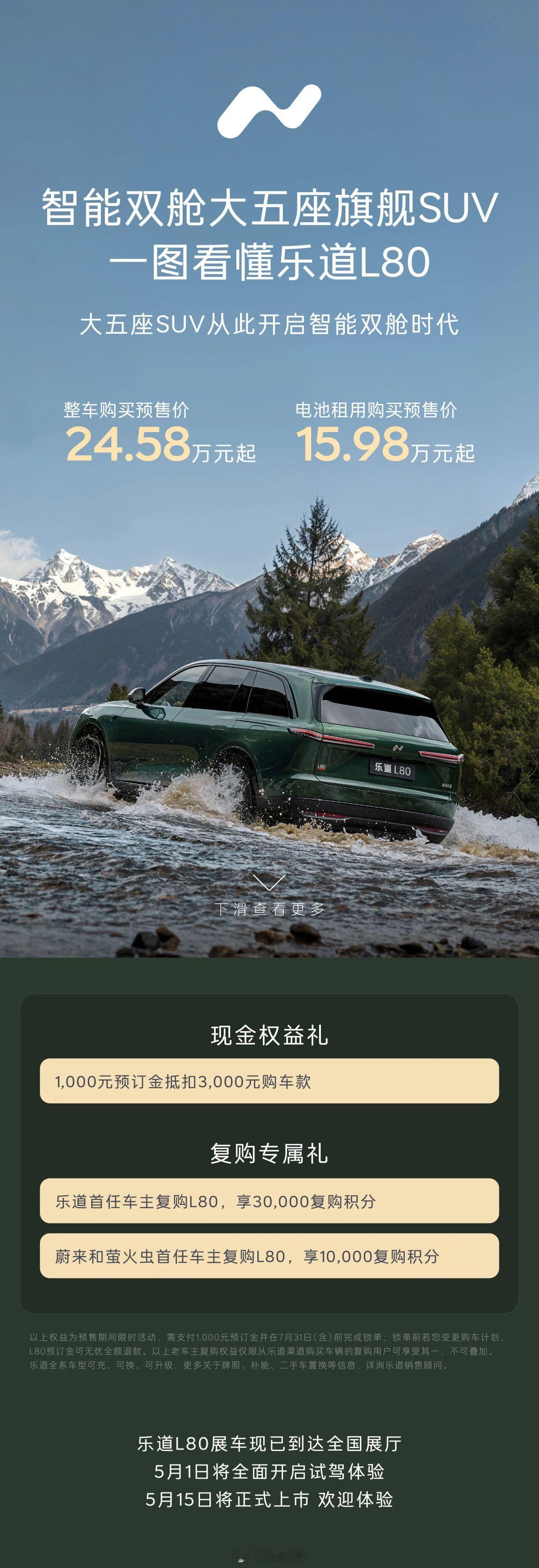大五座SUV-乐道L80，预售24.58万元起采用BaaS电池租用方式购买15.