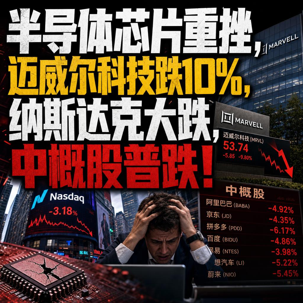 突发！昨夜美股芯片股集体跳水。
迈威尔科技单日大跌9.92%，盘中拉升后一路掉头