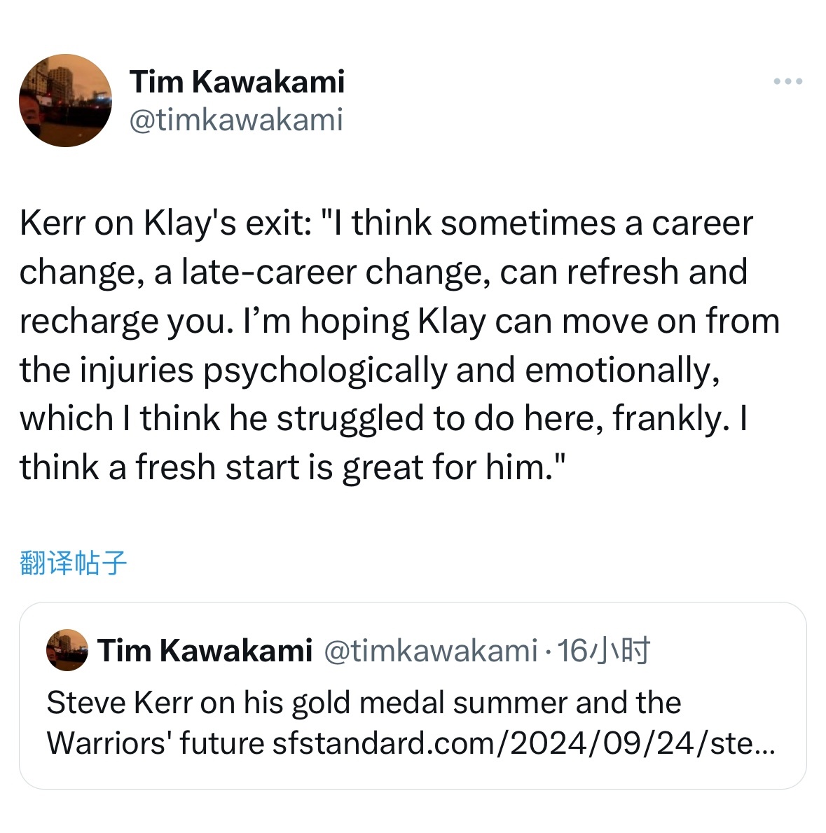 科尔谈克莱离开勇士：“我认为有时候职业生涯的转变，尤其是职业生涯后期的转变，可以