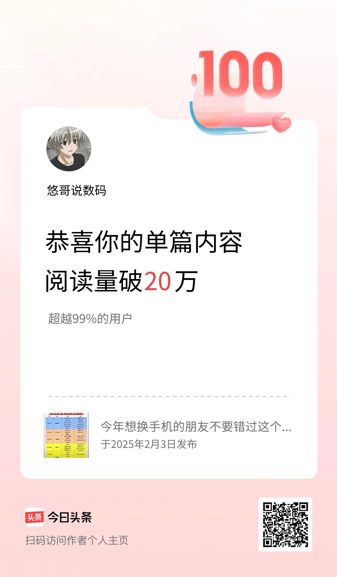 单篇内容获得阅读量破20万啦！