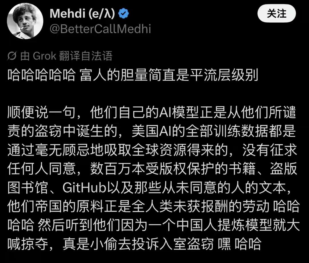  彻底戳穿双标！法国网友怒怼美国：AI吸干全网数据，转头指责别人偷窃
 
一场A
