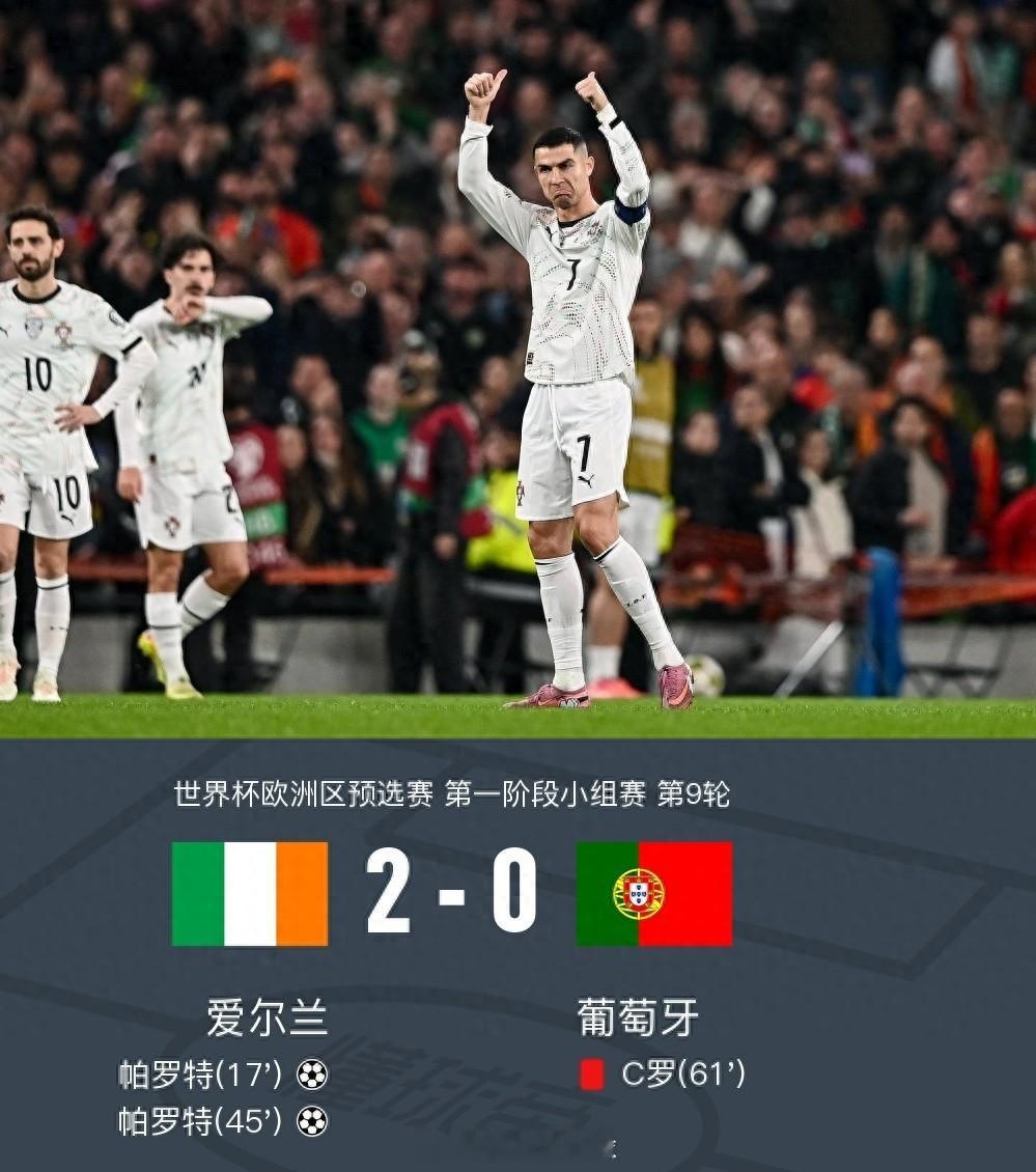 11月14日世预赛欧洲区，葡萄牙0-2不敌爱尔兰，C 罗肘击遭红牌罚下；法国4-