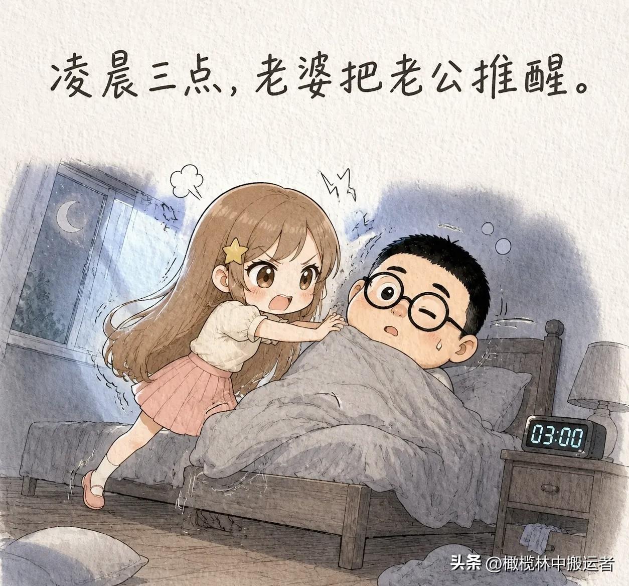 推荐有趣的漫画：凌晨三点，老婆把老公推醒。老婆怒：「你打呼声跟拖拉机似的！」老公