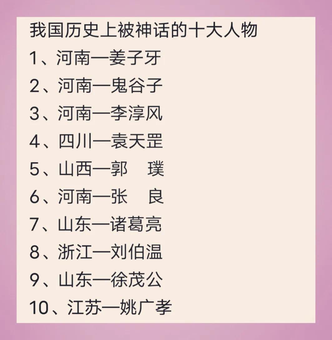 我国历史被神话的十个人物
一号，姜子牙。是真的被神话的很厉害
现在大家都看过，封