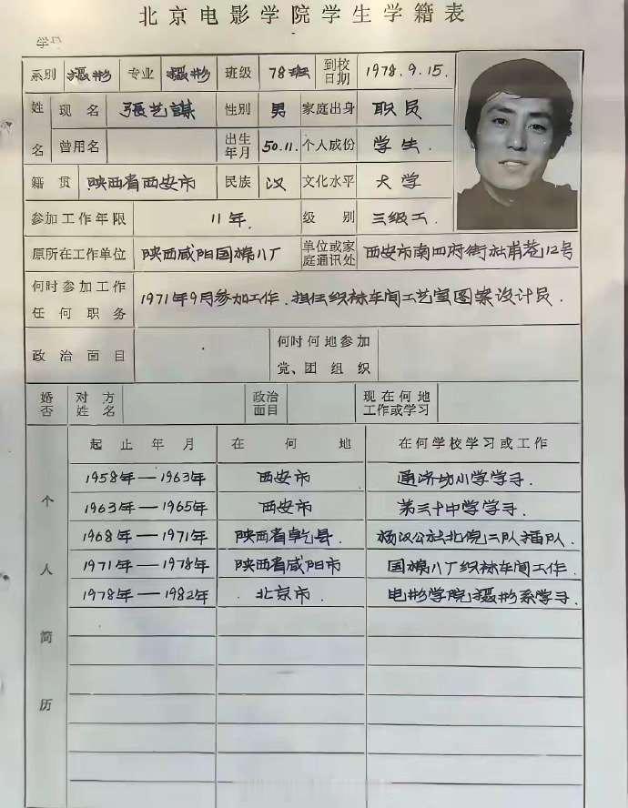1978年，张艺谋填的学籍表，字如其人，有板有眼，难怪能成大导演。 
