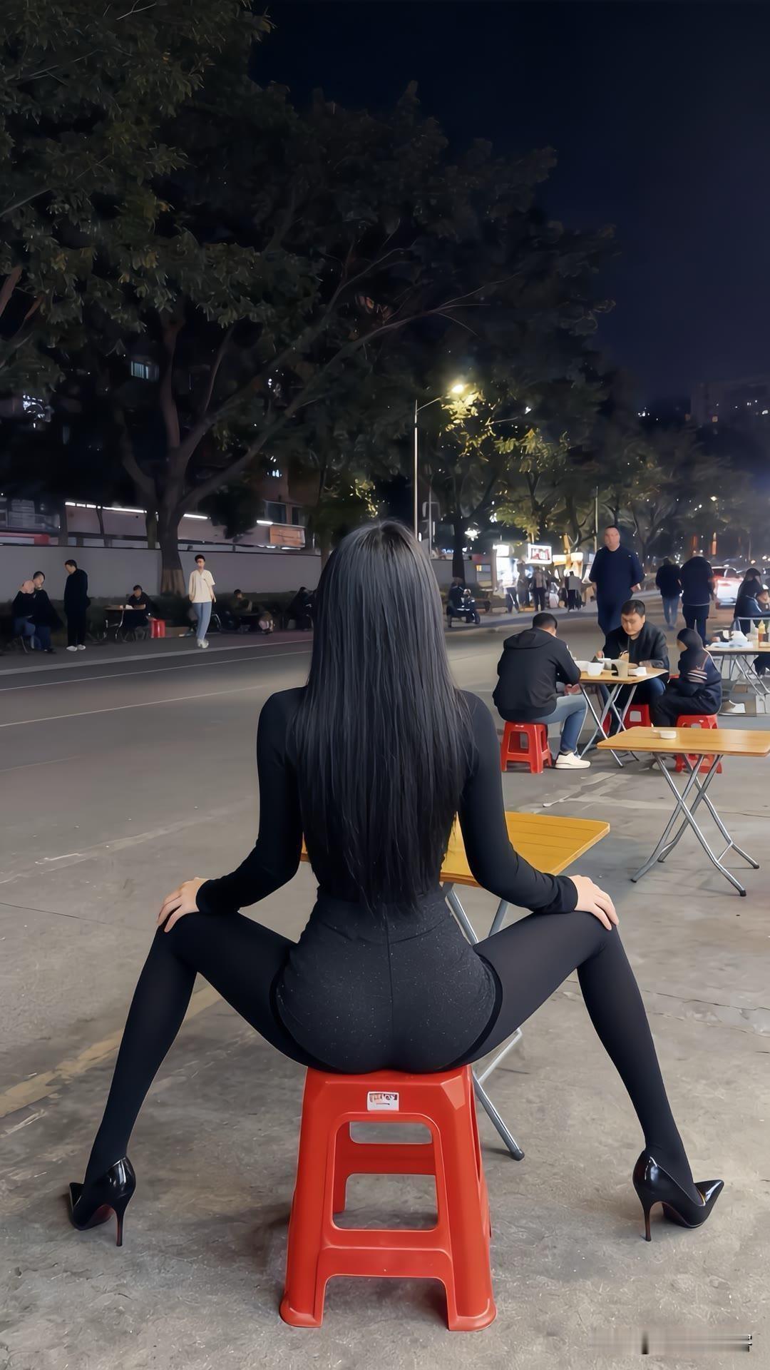 夜市灯火通明，摊前热气腾腾，食客三三两两，烟火气扑面而来。

画面中间，一位长发