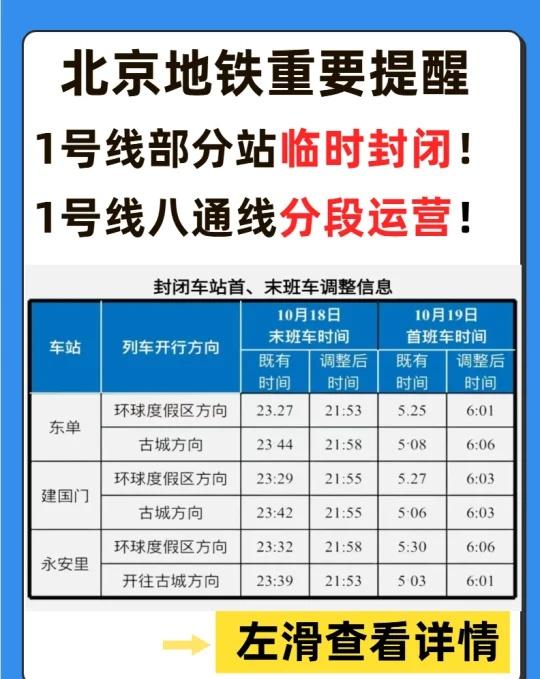 北京地铁1号线八通线，本周末运营有变！
✅为配合1号线道岔设备施工改造，2025
