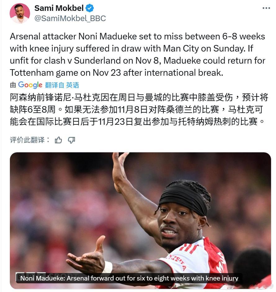 SamiMokbel：马杜埃凯预计缺席6-8周。如果无法赶上11月8日和桑德兰的