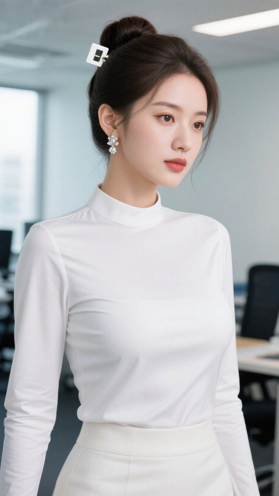 《白衫栖满职场清》
 
净白立领衫裹着柔滑质感，像将办公间的清透晨光，织进了衣衫