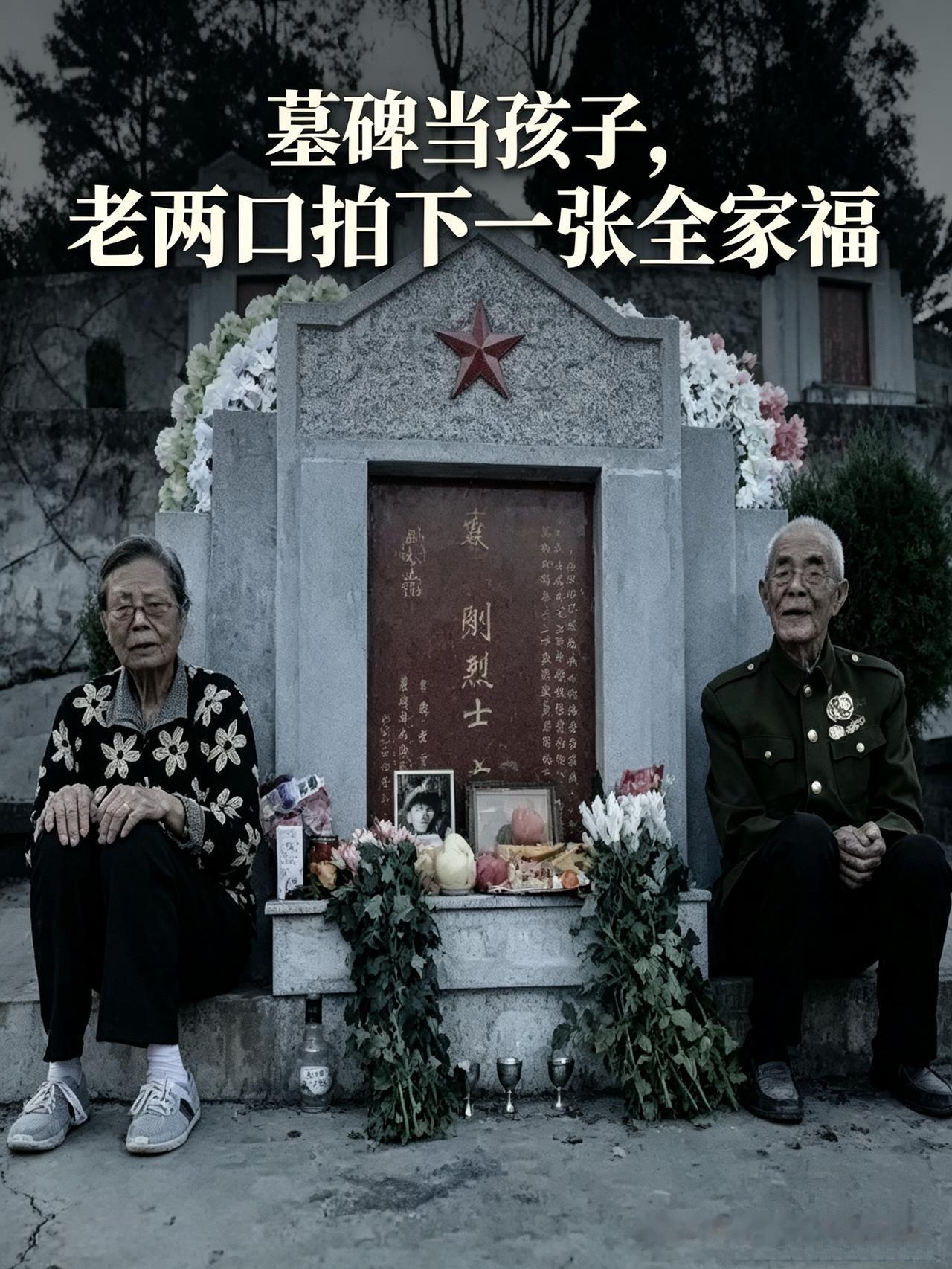 墓碑当孩子，老两口拍下一张全家福

不知道你有没有看到过这张让人戳心的照片。
