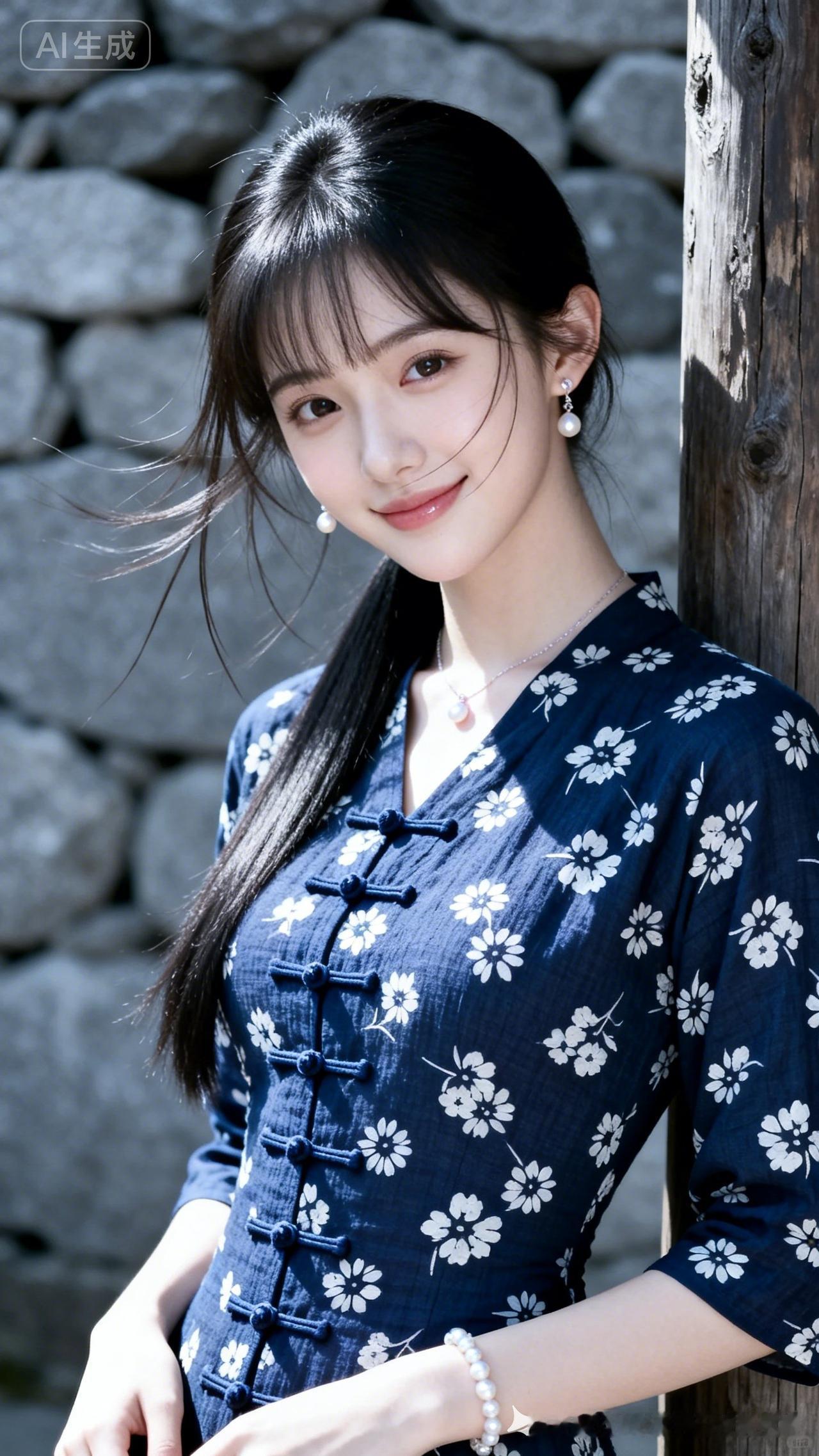 美少女冷白皮交织柔光泛珍珠光泽，深宅木柱旁温婉灵动，碎花盘扣旗袍衬窈窕身姿，发丝