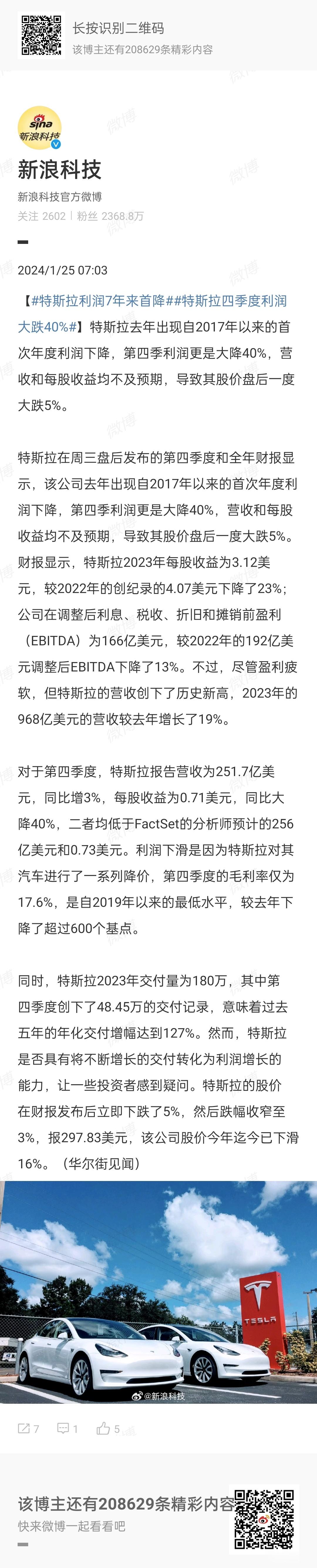 #特斯拉四季度利润大跌40%#七年来首降，这或许会成为一个转折点？大家知道，特斯