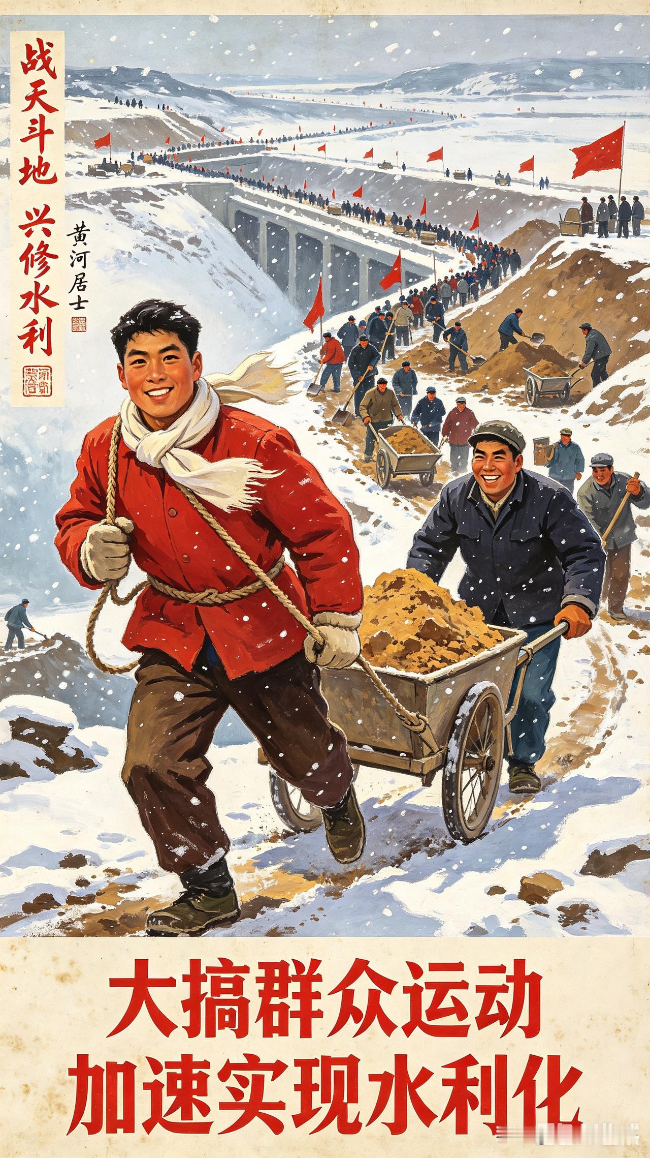 这是50年代60年代的宣传画翻新，反映了当时依靠群众，大修水利的情形和精神风貌