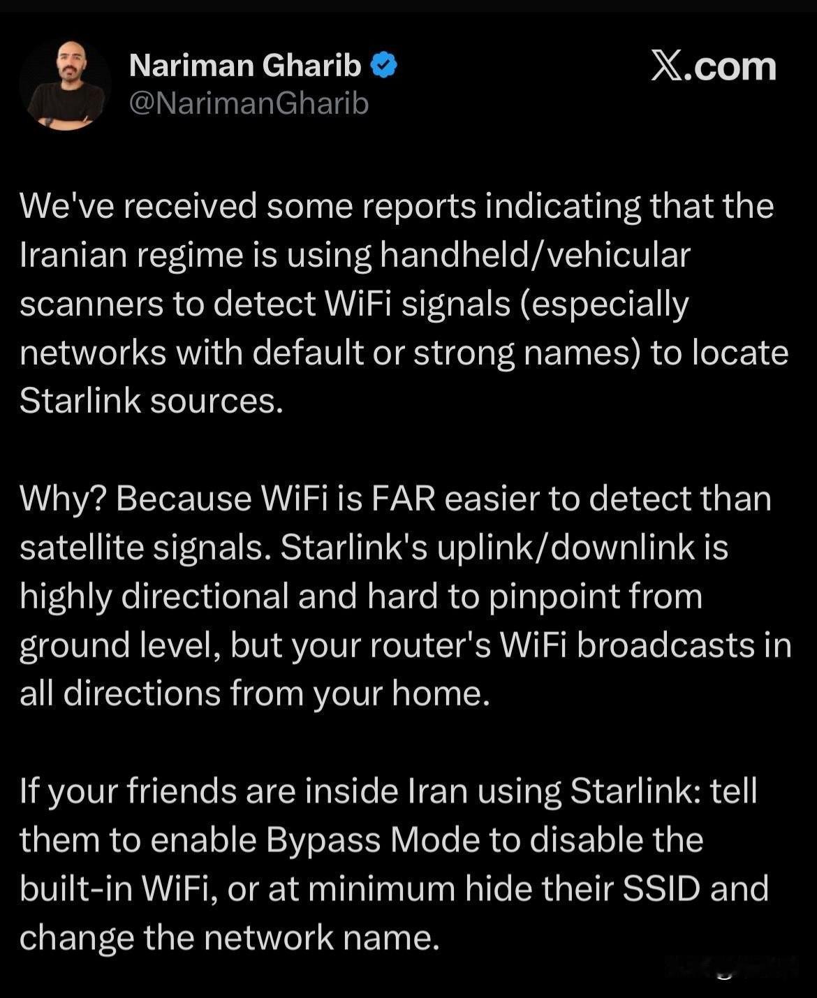 根据报告，伊朗政权正在使用扫描仪检测 Starlink 用户的 WiFi 信号，