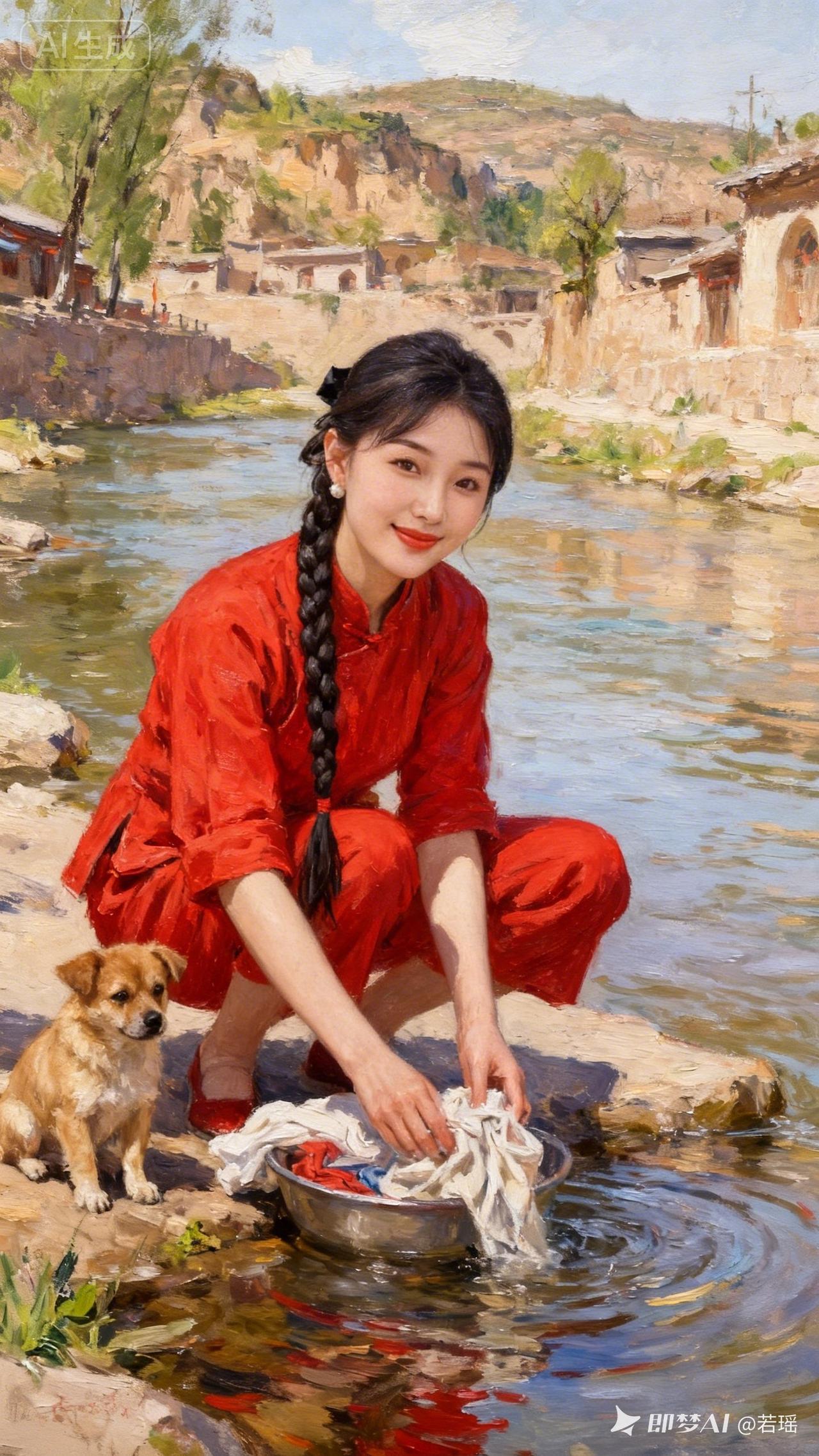 红衣少女河边洗衣，小狗相伴，古村落风情！