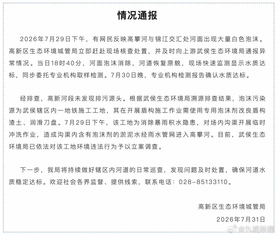 #现白色泡沫河道水质恢复达标#【#官方通报成都一河面现白色泡沫#】7月31日，成
