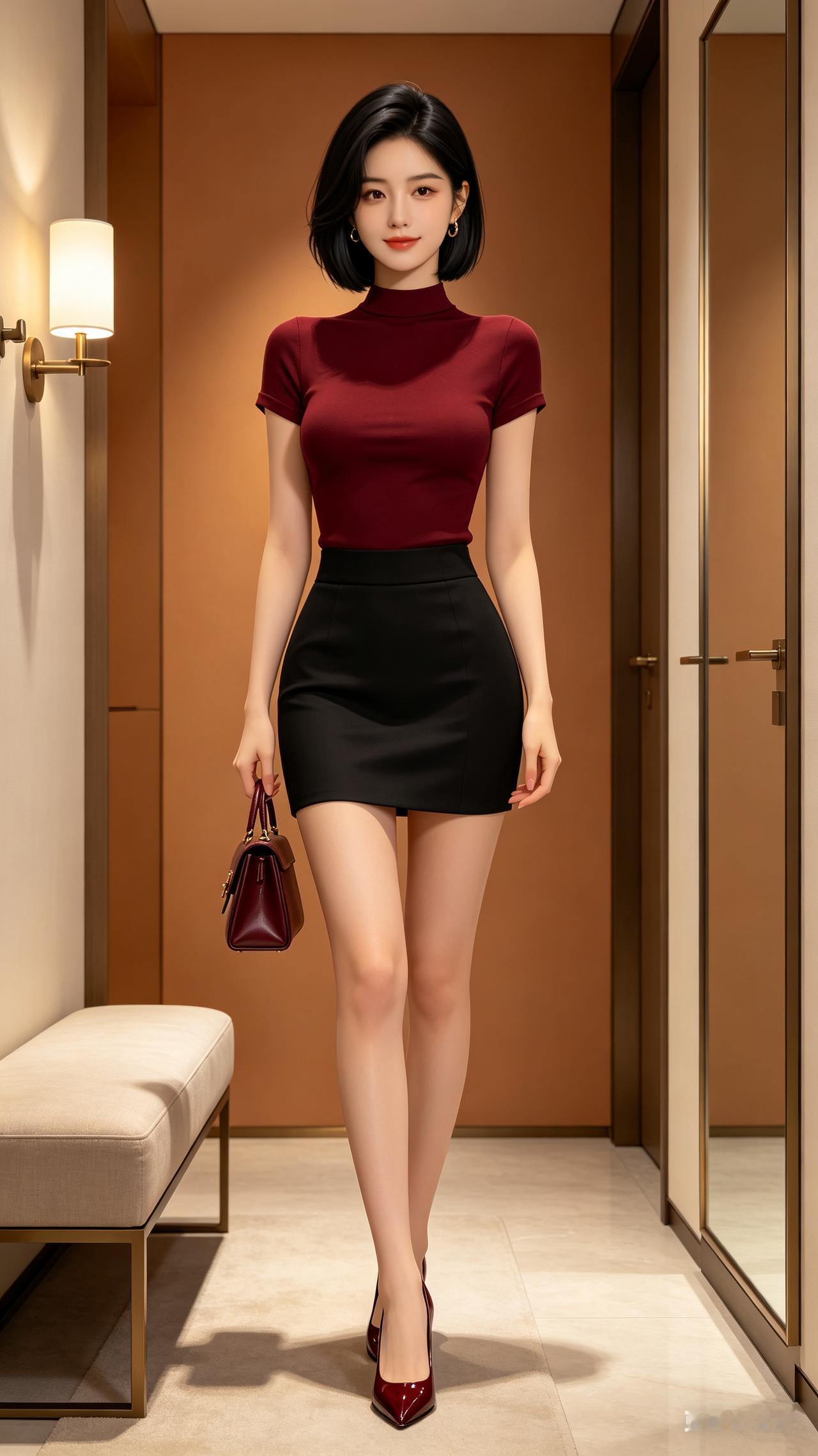 二十岁方圆脸黑短直美女，酒红修身上衣配黑高腰短裙，同色漆皮低跟鞋，手持小包立于暖
