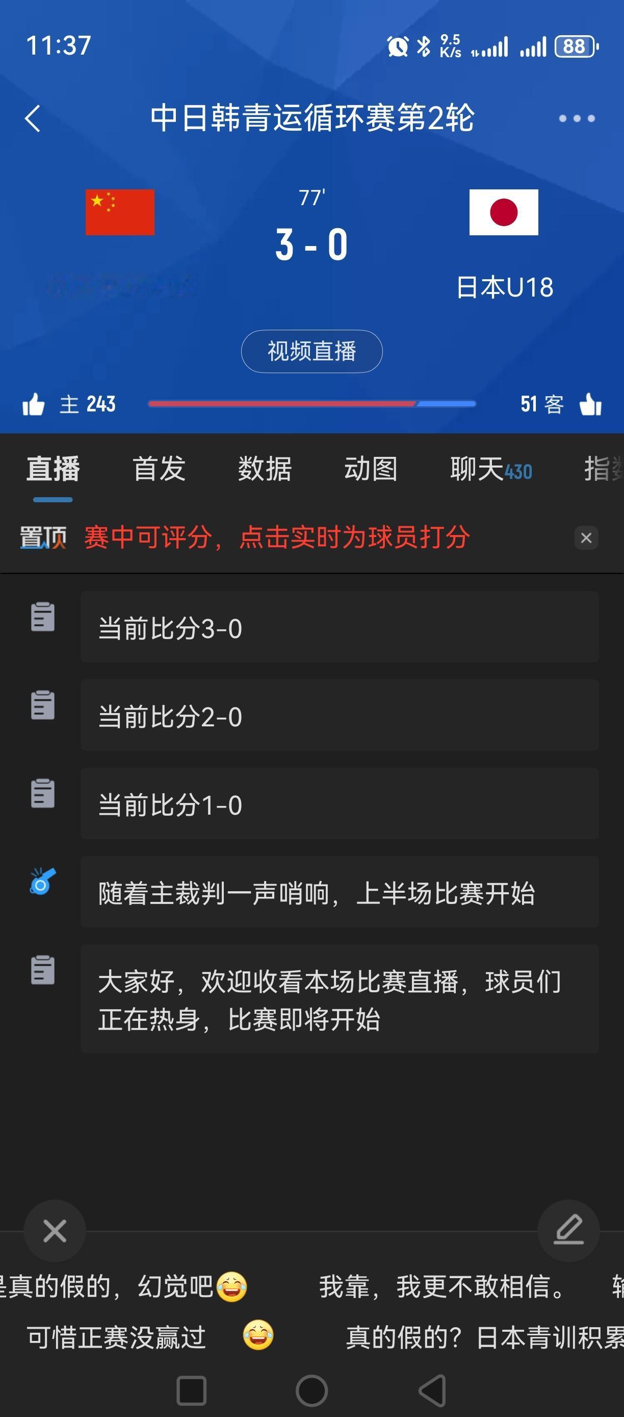 U18男足已经3：0日本队！[赞][赞]打垮了！中日韩青运会！
这么好的比赛，居