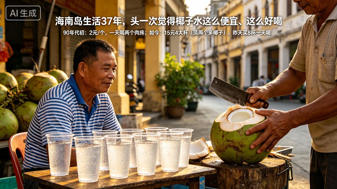 在海南岛生活了37年，头一次觉得椰子水这么便宜、这么好喝。回想90年代初，一个椰