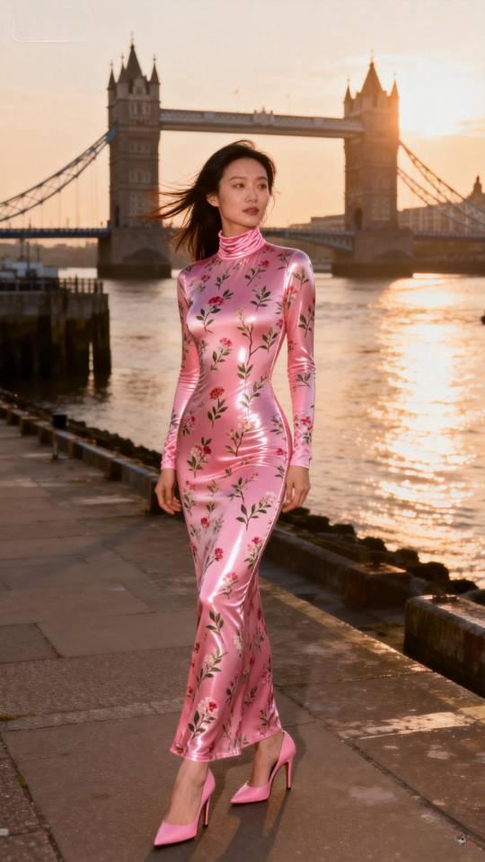 记录我的2026身穿粉红色花旗袍裙女子国外留影旗袍裙 美女壁纸 高雅气质美女