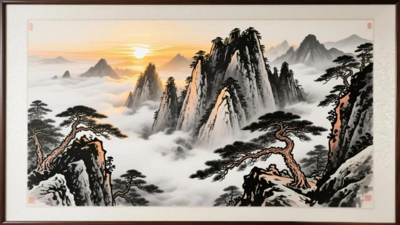 霞染群峰松立险，云蒸晓日万山幽。