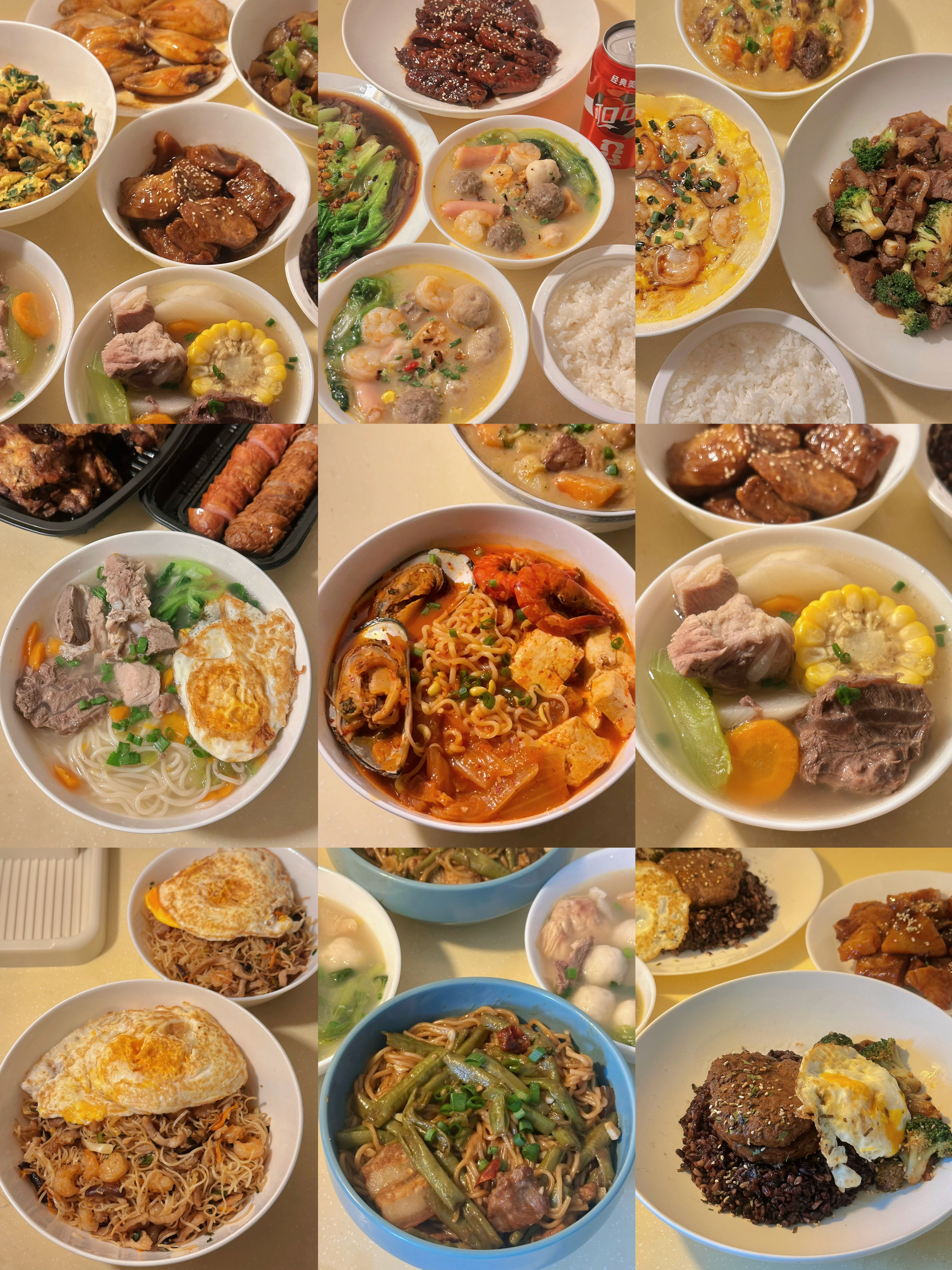 下班回到家 偶尔一起做个饭 感觉好好呀～今天做了肥牛炒饭、煎了三种肉配生菜吃 