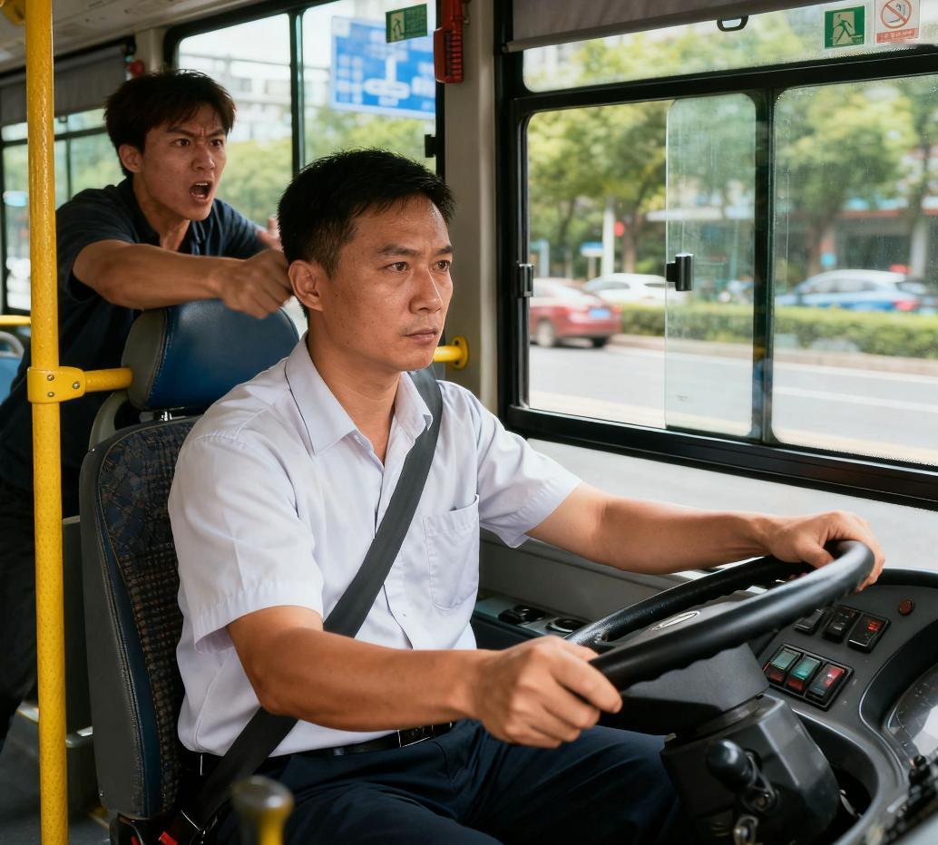 下班挤公交，撞见揪心一幕。
 
后排陌生乘客不知因啥火气上头，突然冲着司机师傅破