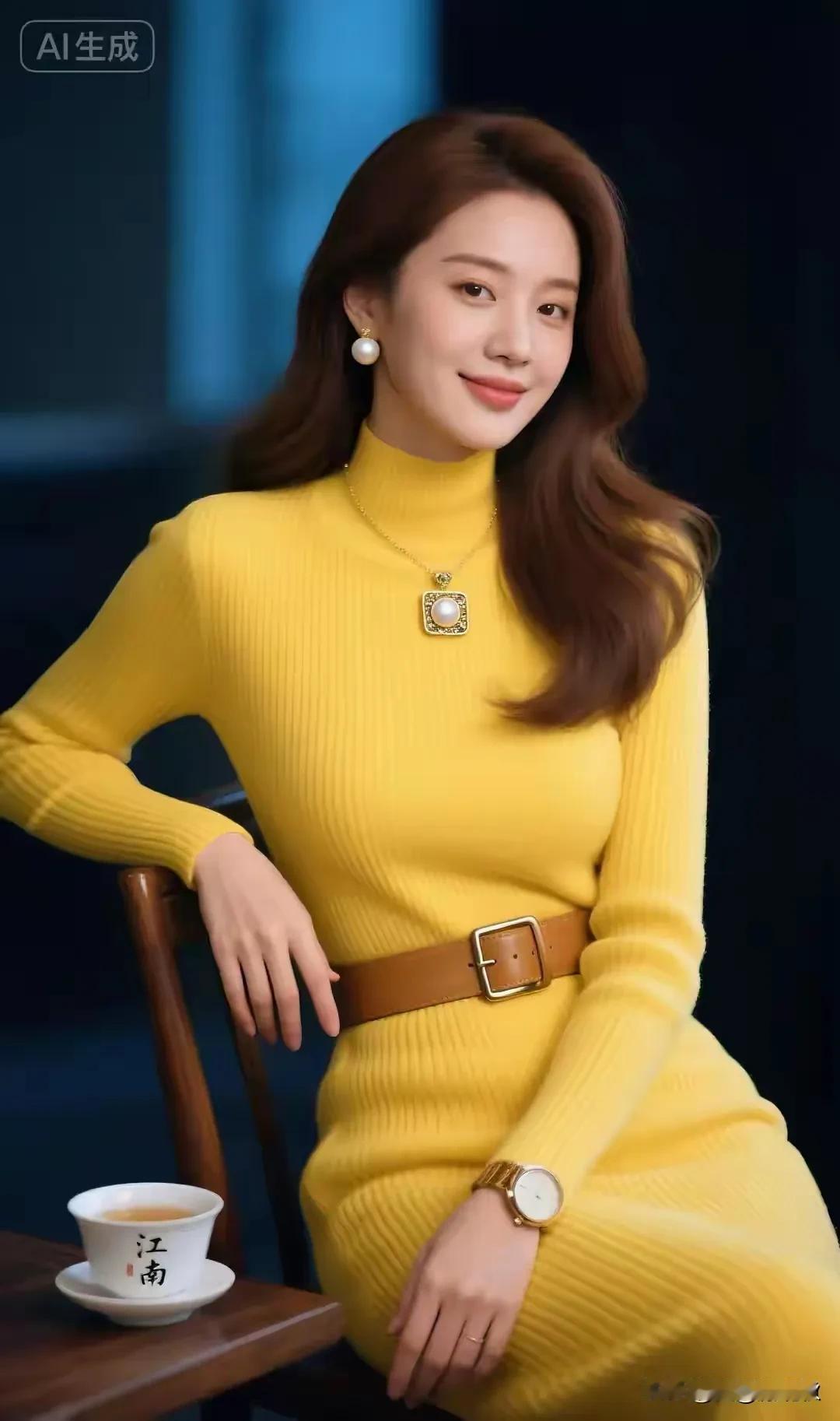 绝色佳人，一袭黄色
针织衣裙，优雅端庄
千娇百媚，仪态万方
花容月貌，娇艳妩媚