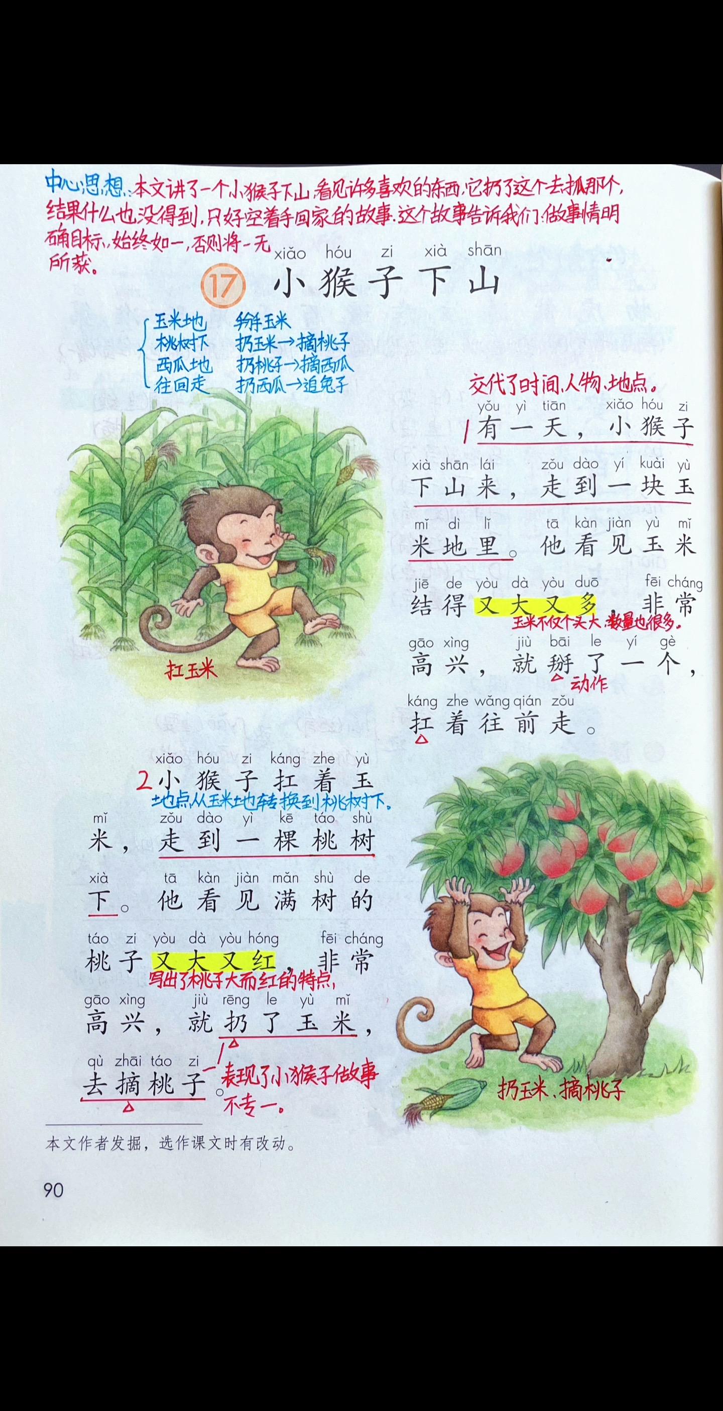 一年级下册语文《小猴子下山》知识点笔记，发现最近的这几篇课文都教给孩子一个做人做事的道理，孩子会在学习中不断的提高自我，在教育孩子的过程中也不要着急，默默耕耘，静待花开。
