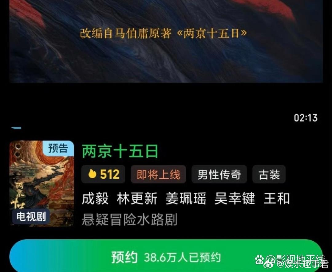 近日，演员成毅新作品《两京十五日》正式杀青。截至3月1日，该剧在播出平台的预约量