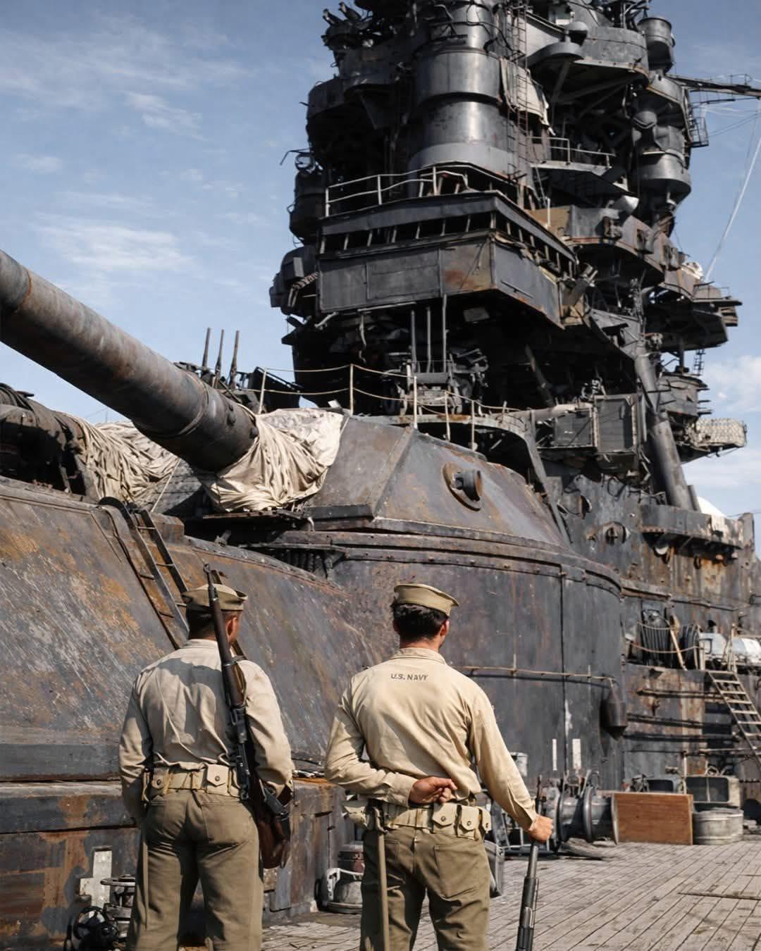 1945年8月日本投降后，这张照片瞬间成为二战海战的经典定格。两名身着卡其色制服