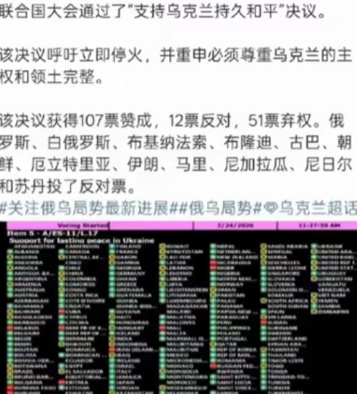 弱国无外交啊，支持乌克兰的国家只有107个，但是支持俄罗斯的国家居然高达12个。