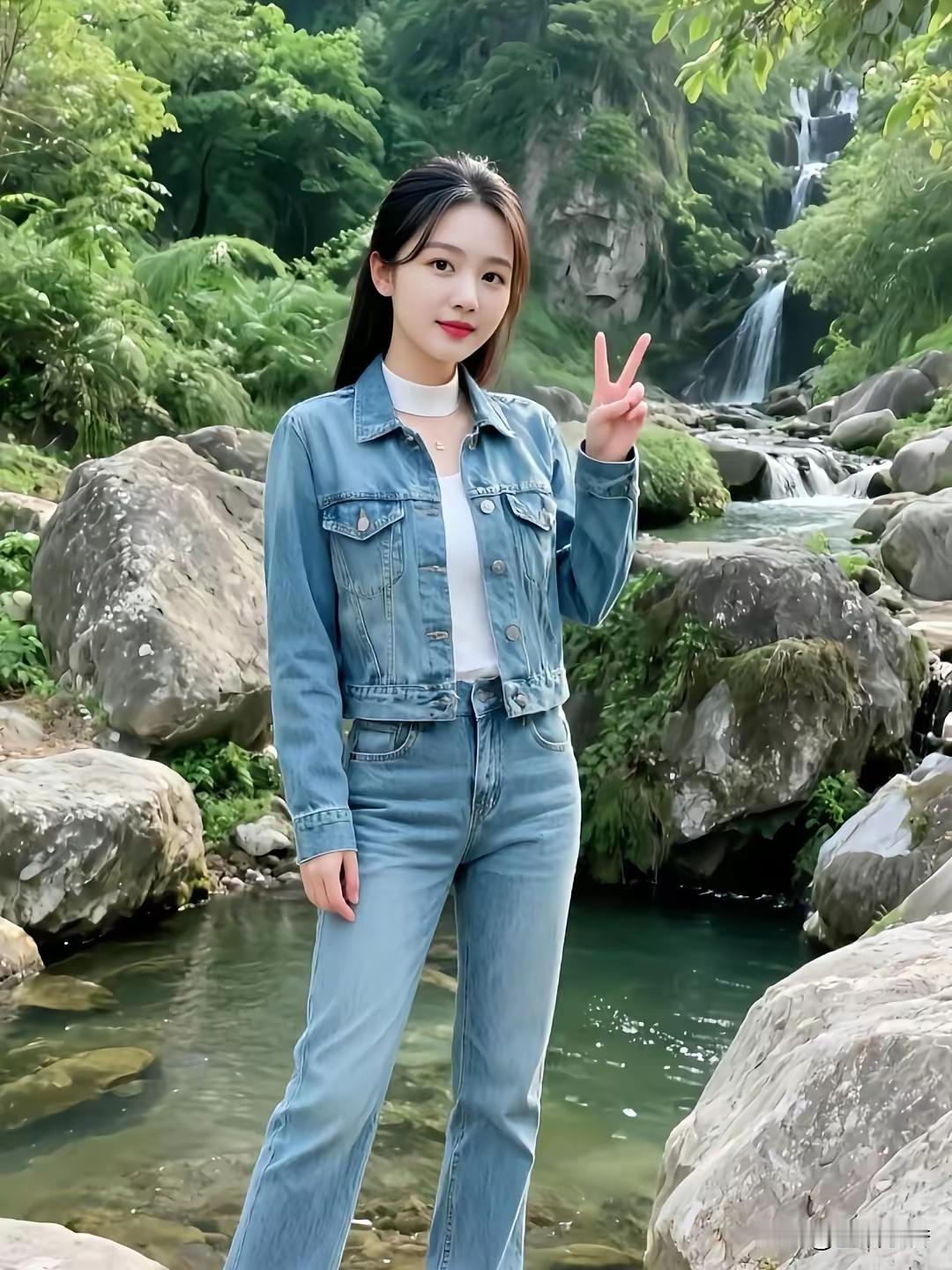 在山间溪水边，做一个甜美的V字手势，享受自然与时尚！🌿💙👍