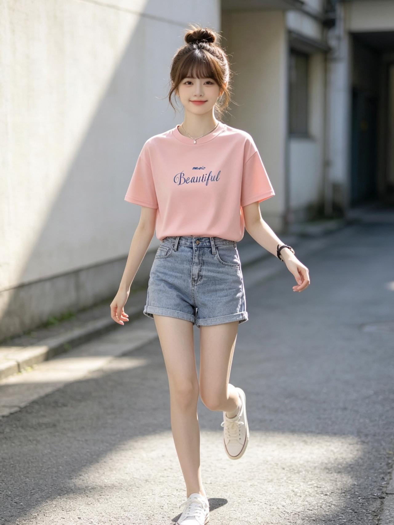 元气少女穿搭指南：粉色T恤+牛仔短裤，轻松自在，美丽动人！🌞女生怎么搭配服装才