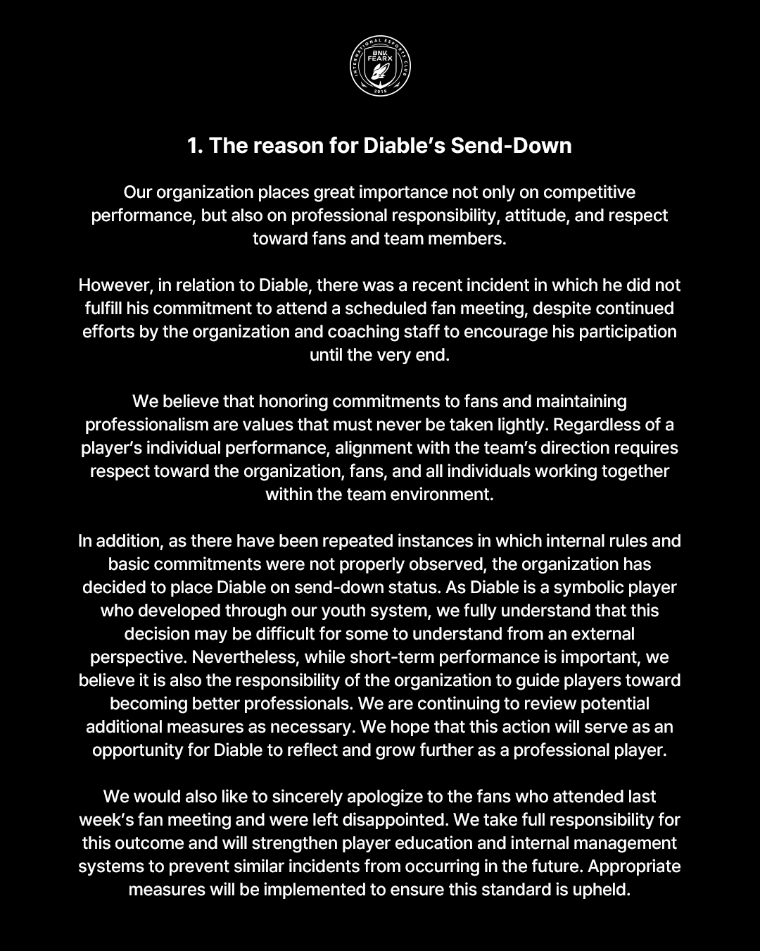 BFX说明Diable下放、中单更换原因：未能如约参加粉丝见面会