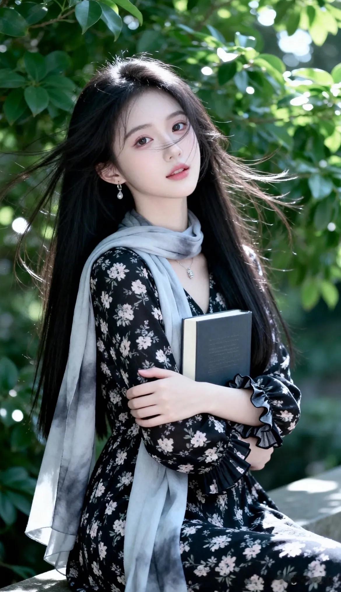 夏日午后，黑发少女轻倚绿树，手持书卷，静享时光。