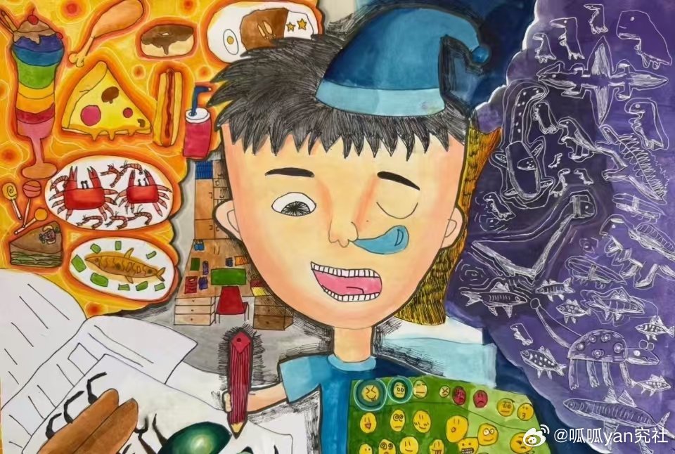 #陈乔恩晒10岁侄儿的画#陈乔恩10岁侄儿的画作，挺好看，有天赋！#陈乔恩10岁