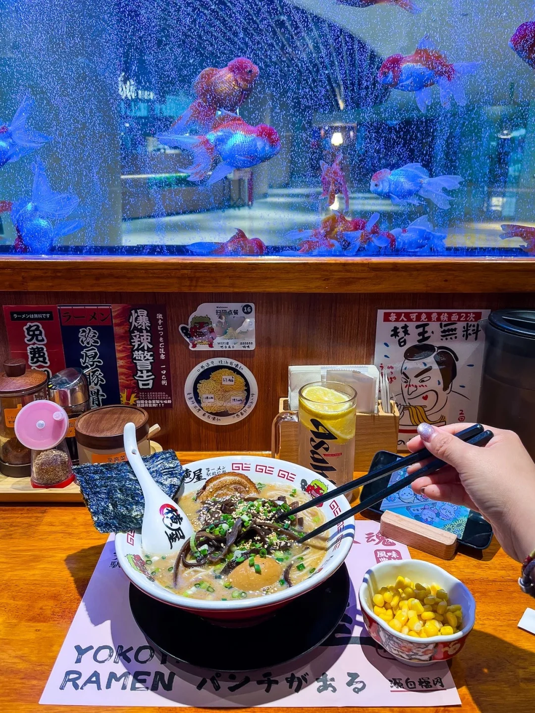 新开的｜坐在金鱼缸前吃拉面🍜真嘟太治愈