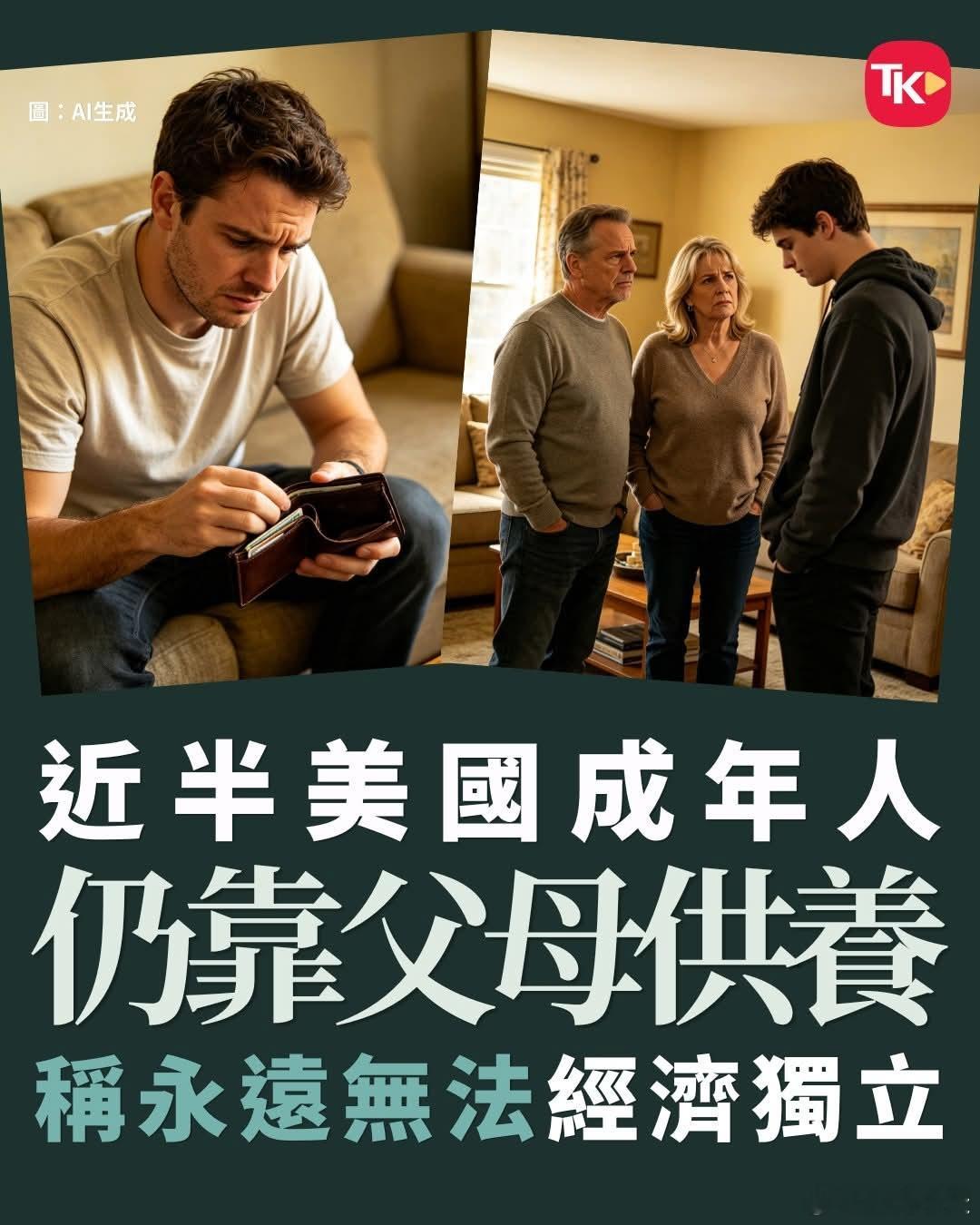 近半美国成年人依靠父母供养美国最新一份理财报告显示，通胀及股市波动令家庭财务压力