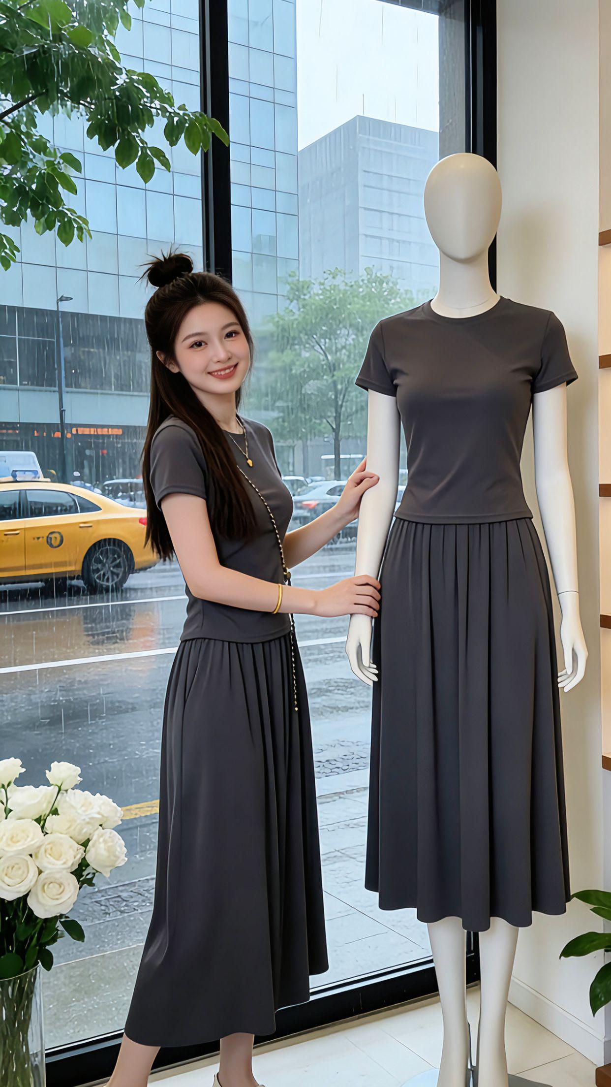 谁懂啊！这套灰色两件套真的是夏日穿搭宝藏！修身短款T恤利落显比例，垂坠感大摆半身