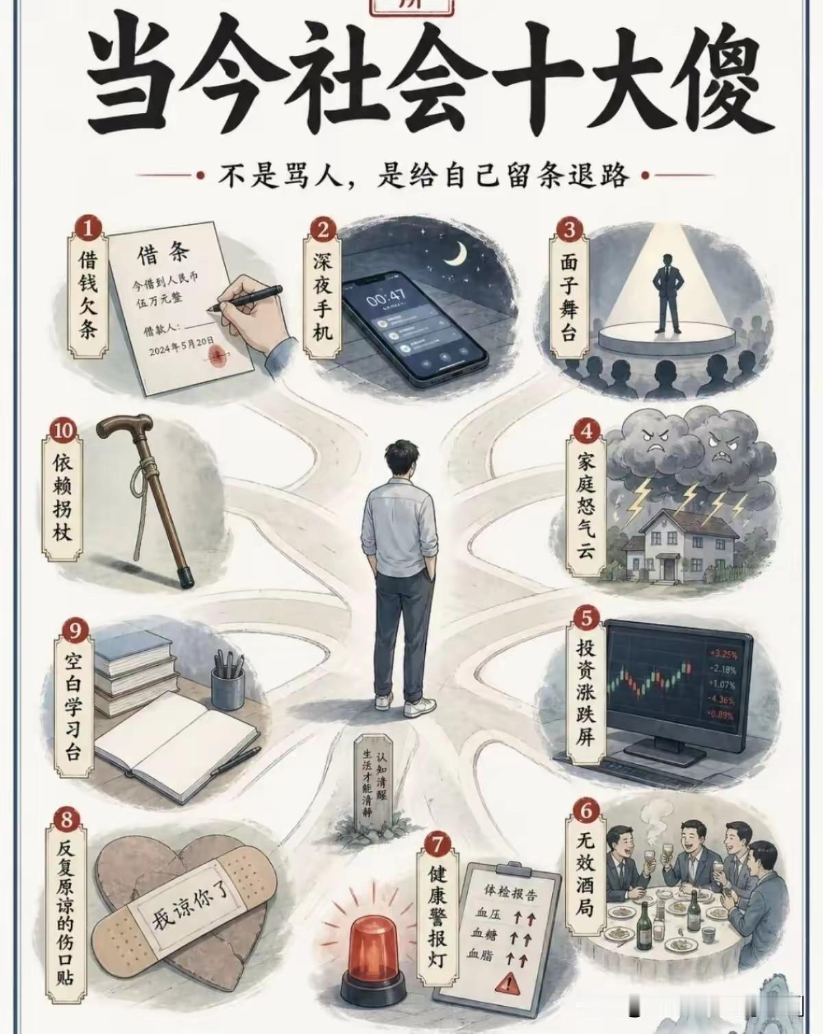 这张图展示了十种常见的社会“傻”行为。