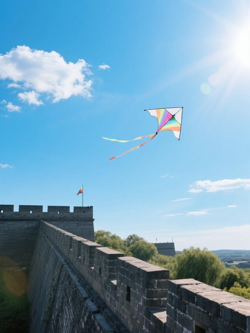 AI妙生图蓝天下，长城静卧，一只风筝飞起，似在追寻自由，又似在诉说时光的故事🎐