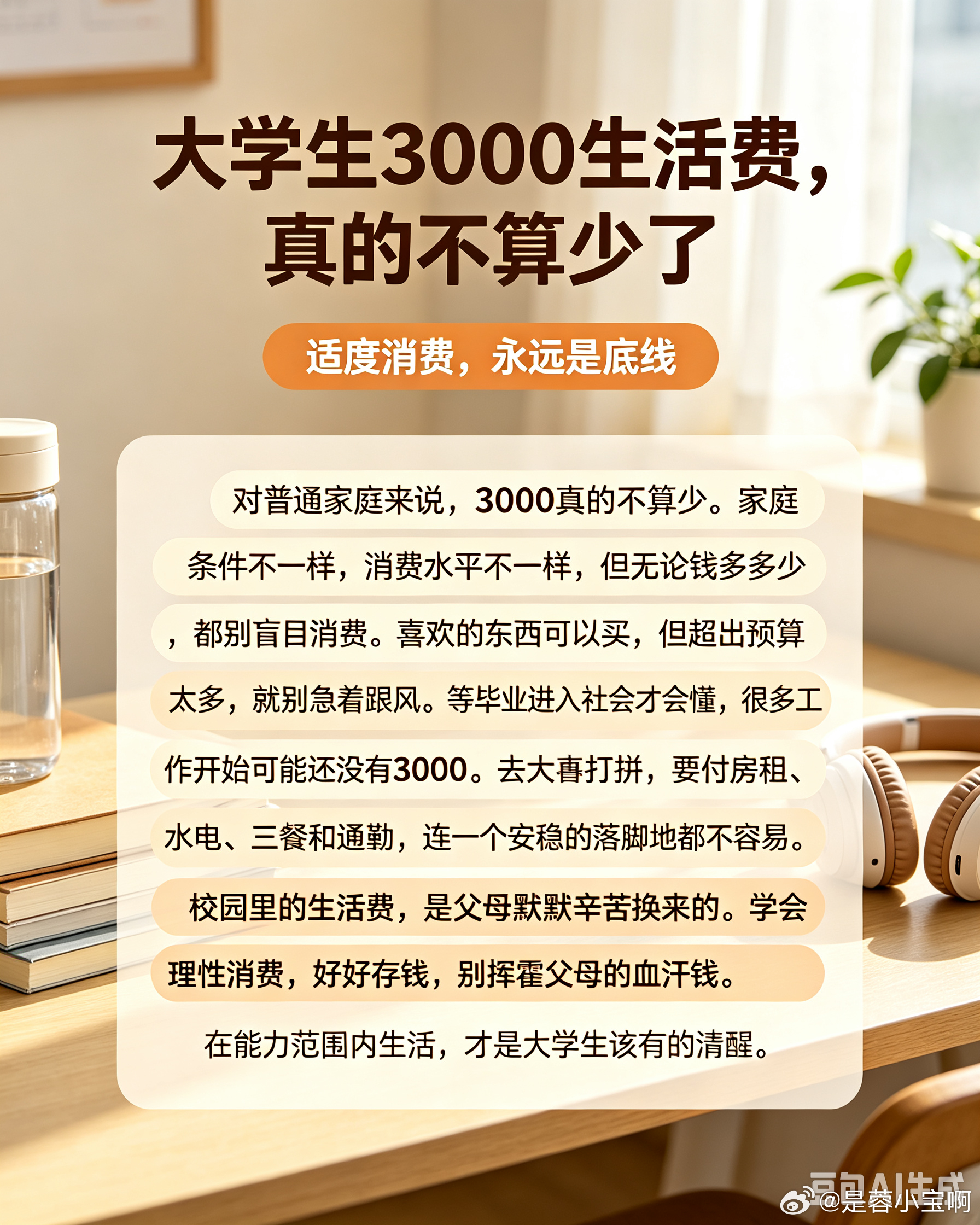 大学生生活费才3000对普通家庭来说，3000挺多的了吧，家庭情况不一样，消费水